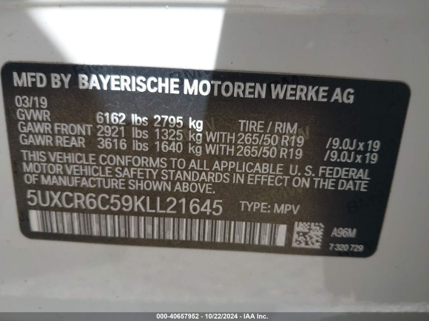 VIN 5UXCR6C59KLL21645 2019 BMW X5 XDRIVE40I