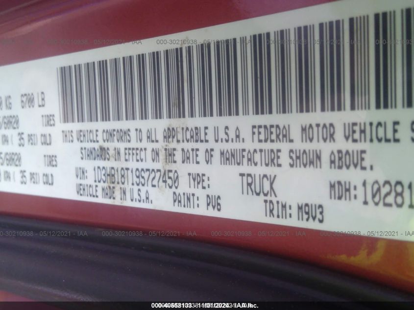 2009 DODGE RAM 1500 VIN: 1D3HB18T19S727450