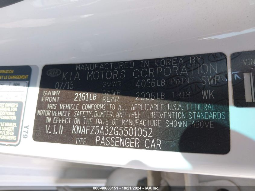 2016 Kia Forte Sx VIN: KNAFZ5A32G5501052 Lot: 40658151