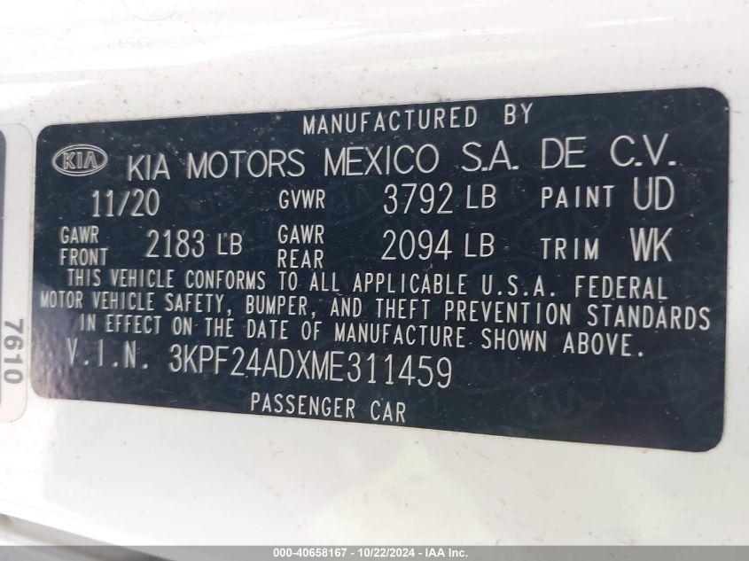 2021 Kia Forte Lxs VIN: 3KPF24ADXME311459 Lot: 40658167