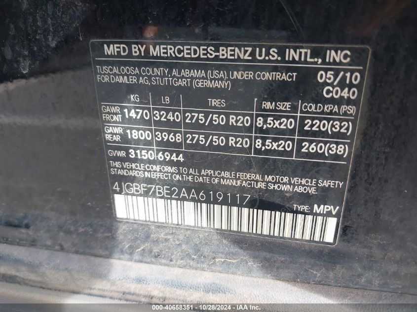 2010 Mercedes-Benz Gl 450 4Matic VIN: 4JGBF7BE2AA619117 Lot: 40658351