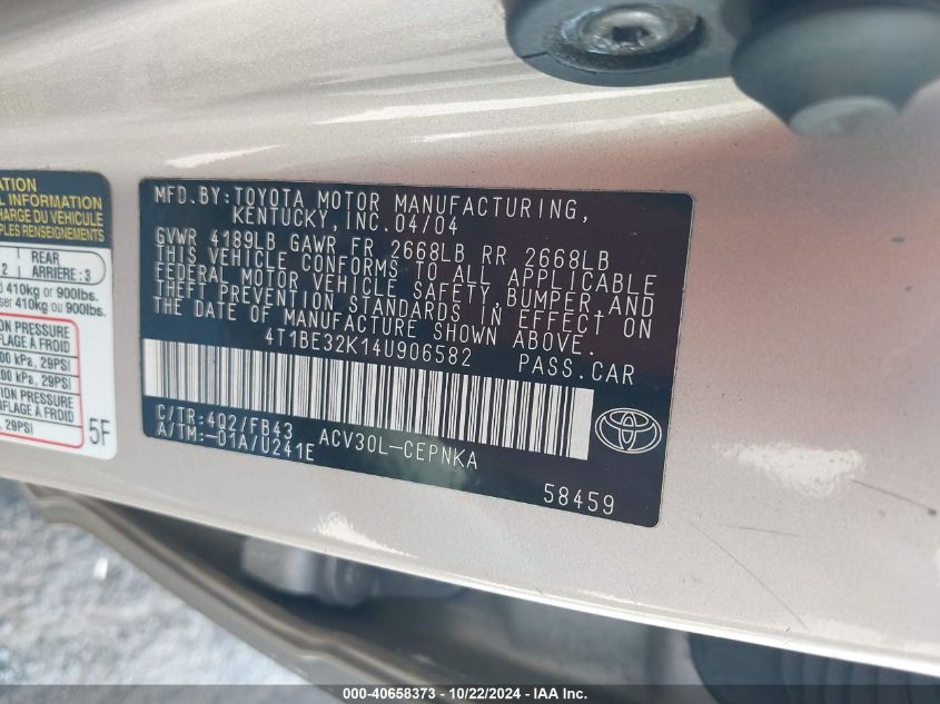 2004 Toyota Camry Le VIN: 4T1BE32K14U906582 Lot: 40658373