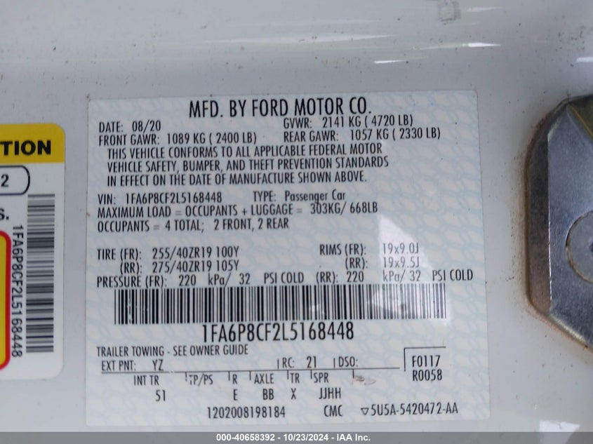 VIN 1FA6P8CF2L5168448 2020 FORD MUSTANG GT PREMIUM