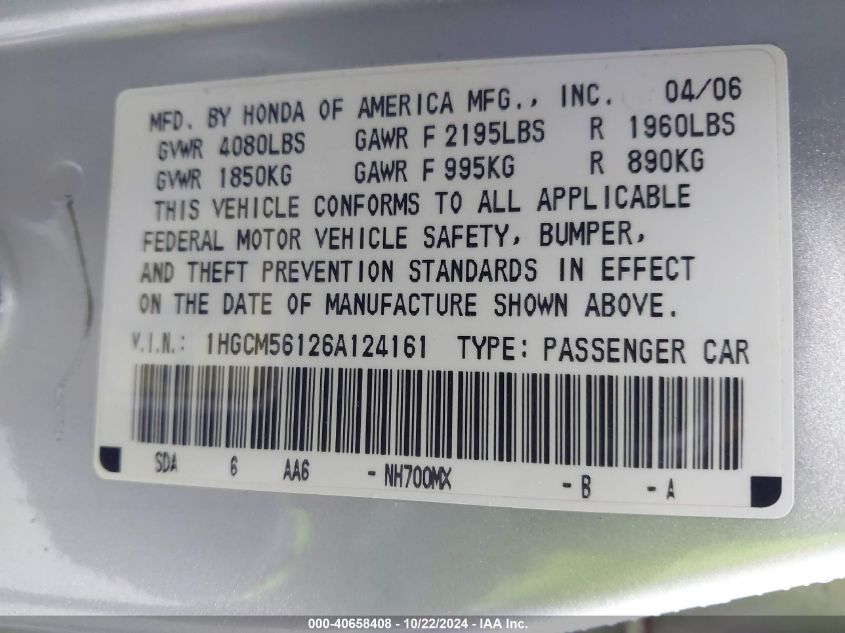 2006 Honda Accord 2.4 Vp VIN: 1HGCM56126A124161 Lot: 40658408