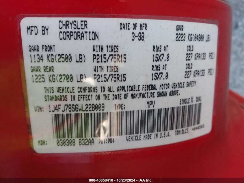 1998 Jeep Cherokee Limited VIN: 1J4FJ78S6WL228009 Lot: 40658410