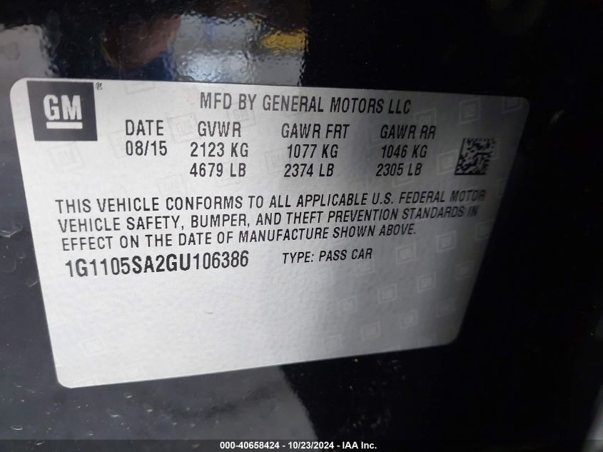 VIN 1G1105SA2GU106386 2016 Chevrolet Impala, 1LT no.9