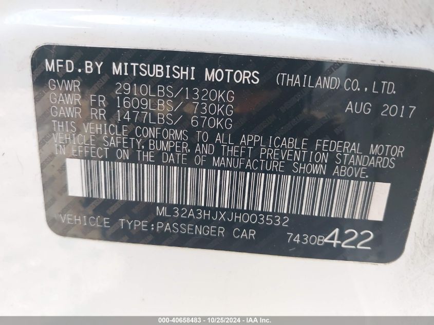 2018 Mitsubishi Mirage Es VIN: ML32A3HJXJH003532 Lot: 40658483