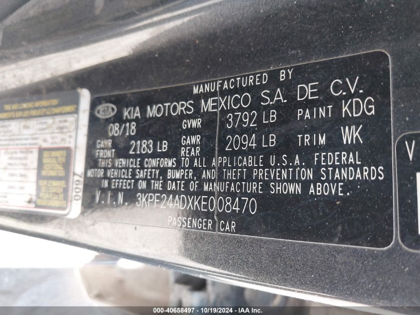 VIN 3KPF24ADXKE008470 2019 KIA Forte, FE no.9