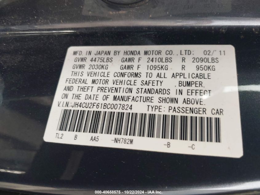 2011 Acura Tsx 2.4 VIN: JH4CU2F61BC007824 Lot: 40658575