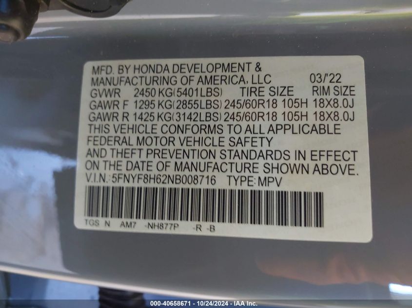 2022 Honda Passport Awd Trailsport VIN: 5FNYF8H62NB008716 Lot: 40658671