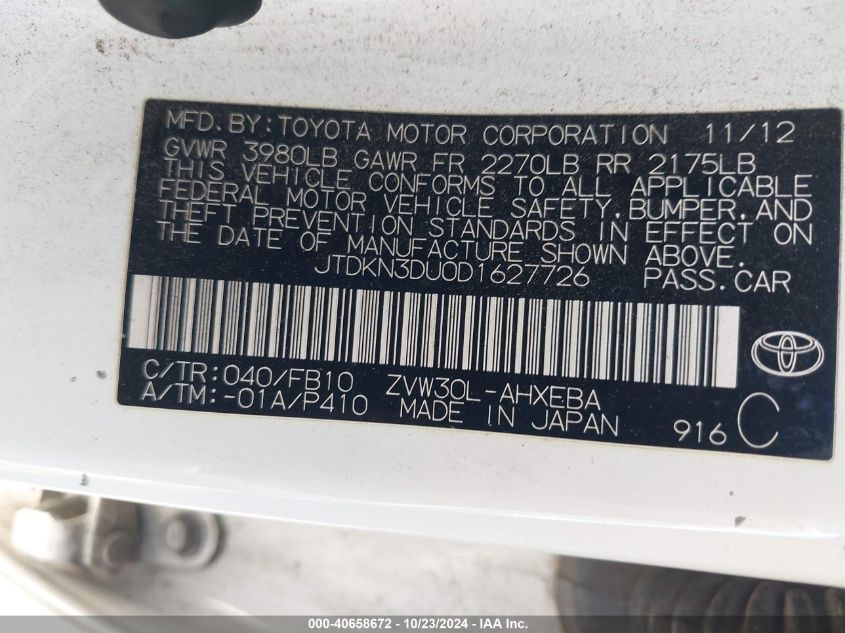 2013 Toyota Prius Two VIN: JTDKN3DU0D1627726 Lot: 40658672