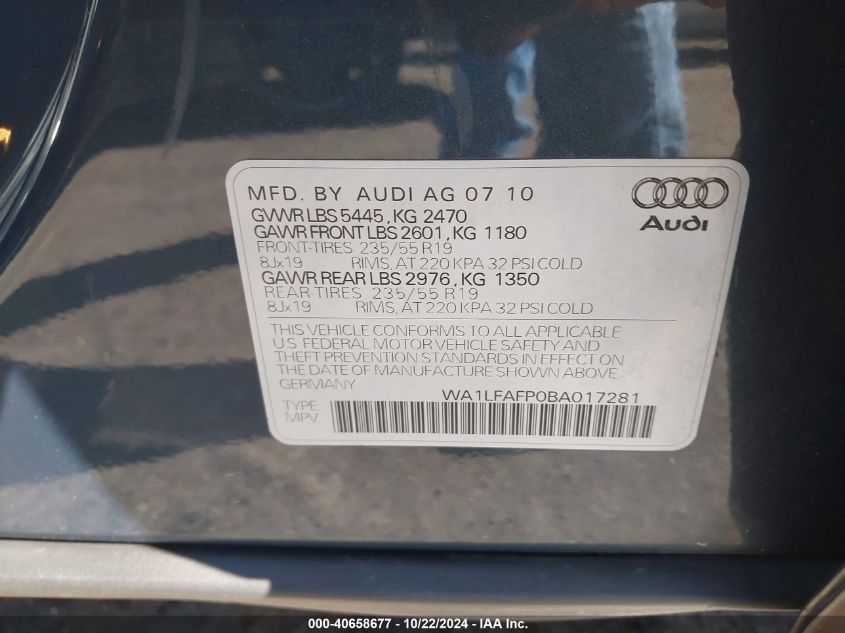 2011 Audi Q5 2.0T Premium VIN: WA1LFAFP0BA017281 Lot: 40658677