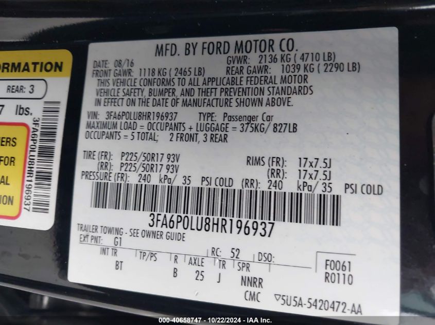 VIN 3FA6P0LU8HR196937 2017 Ford Fusion, Hybrid SE no.9