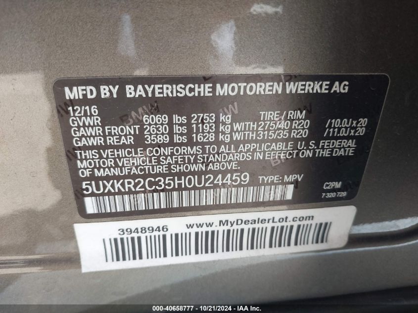 VIN 5UXKR2C35H0U24459 2017 BMW X5, Sdrive35I no.9