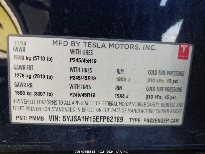 2014 Tesla Model S P85 VIN: 5YJSA1H15EFP62189 Lot: 40658813