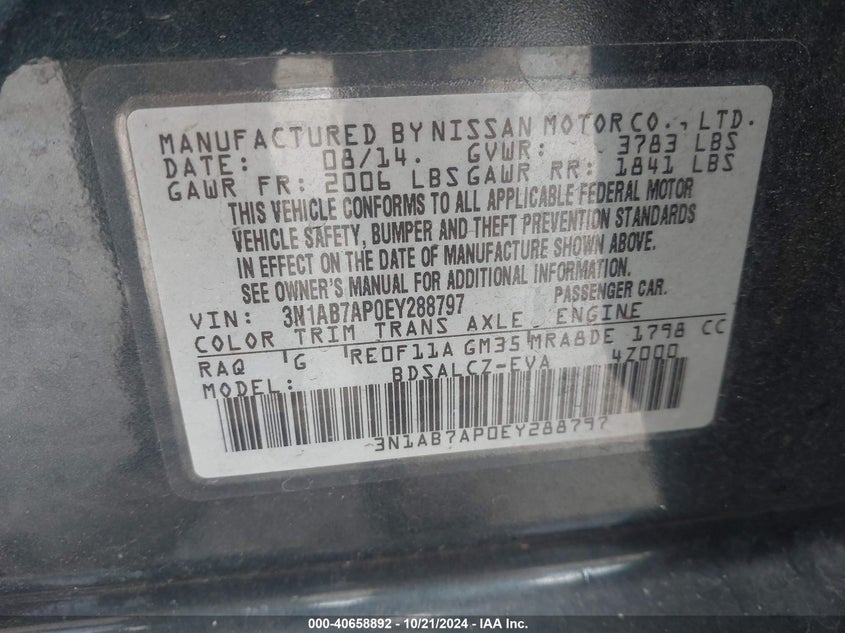 2014 Nissan Sentra S VIN: 3N1AB7AP0EY288797 Lot: 40658892