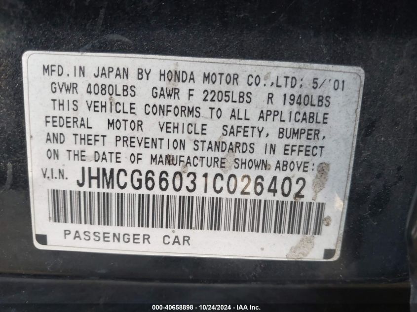 2001 Honda Accord 2.3 Ex VIN: JHMCG66031C026402 Lot: 40658898