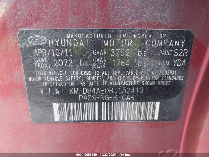 2011 Hyundai Elantra Gls (Ulsan Plant) VIN: KMHDH4AE0BU152413 Lot: 40658899