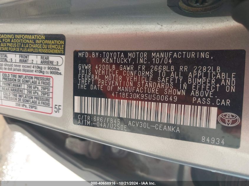 2005 Toyota Camry Le VIN: 4T1BE30K95U500649 Lot: 40658916