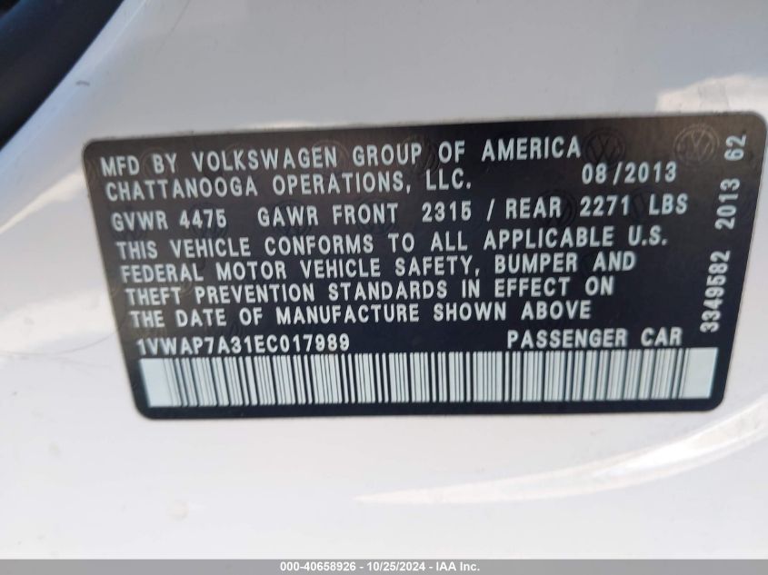 2014 Volkswagen Passat 2.5L Wolfsburg Edition VIN: 1VWAP7A31EC017989 Lot: 40658926