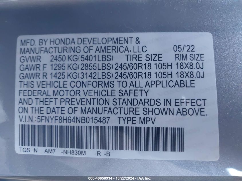 2022 Honda Passport Awd Trailsport VIN: 5FNYF8H64NB015487 Lot: 40658934