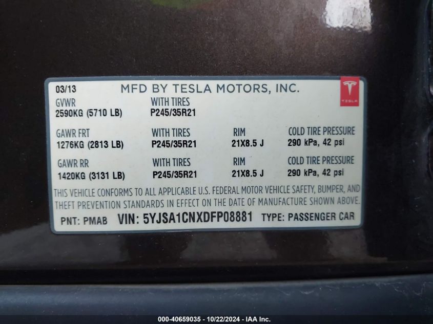 2013 Tesla Model S VIN: 5YJSA1CNXDFP08881 Lot: 40659035