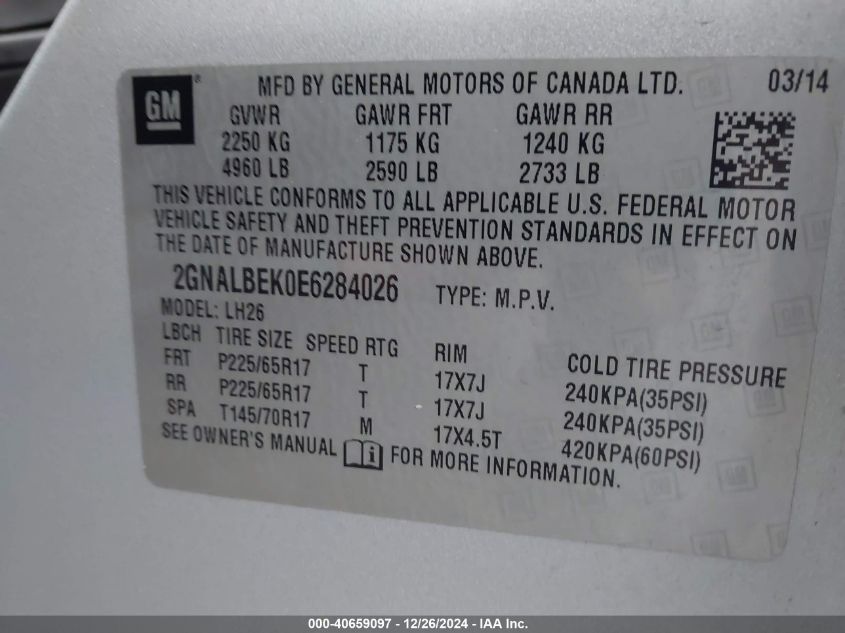 VIN 2GNALBEK0E6284026 2014 Chevrolet Equinox, 1LT no.9