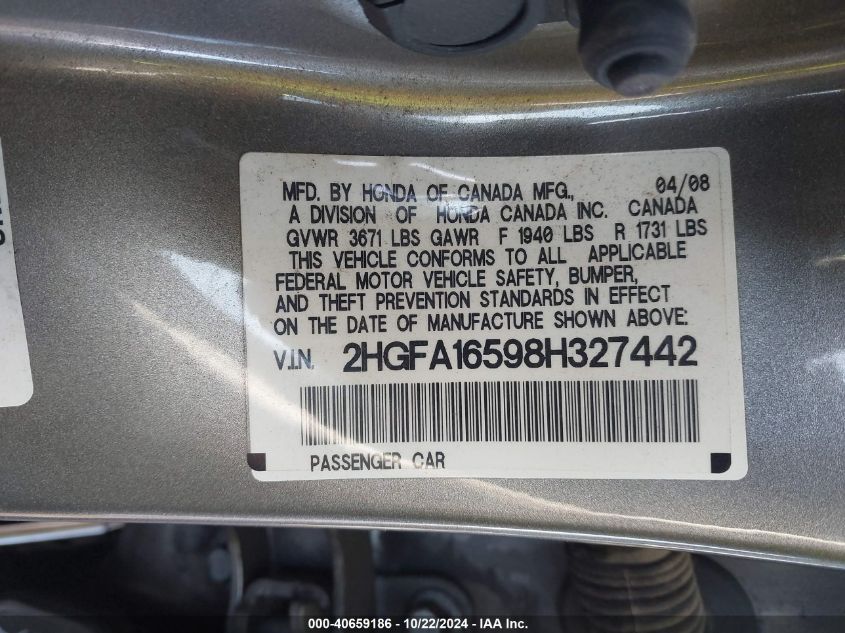 2008 Honda Civic Lx VIN: 2HGFA16598H327442 Lot: 40659186