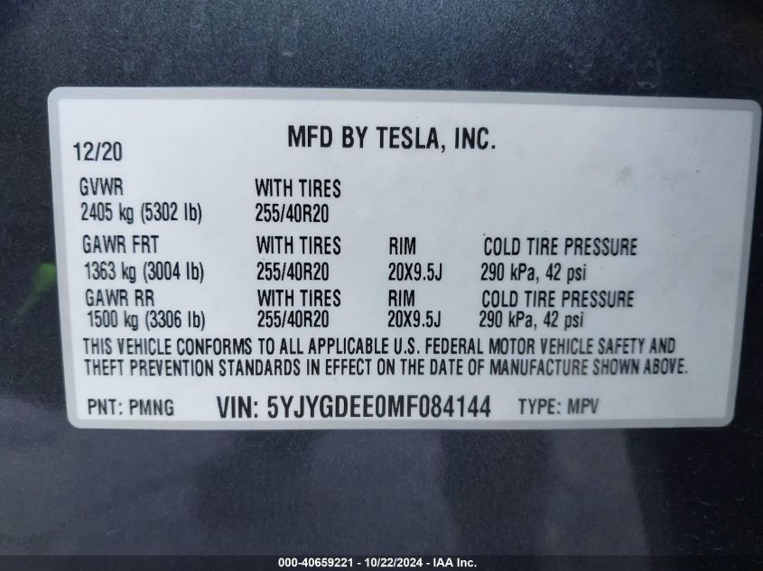 2021 Tesla Model Y Long Range Dual Motor All-Wheel Drive VIN: 5YJYGDEE0MF084144 Lot: 40659221