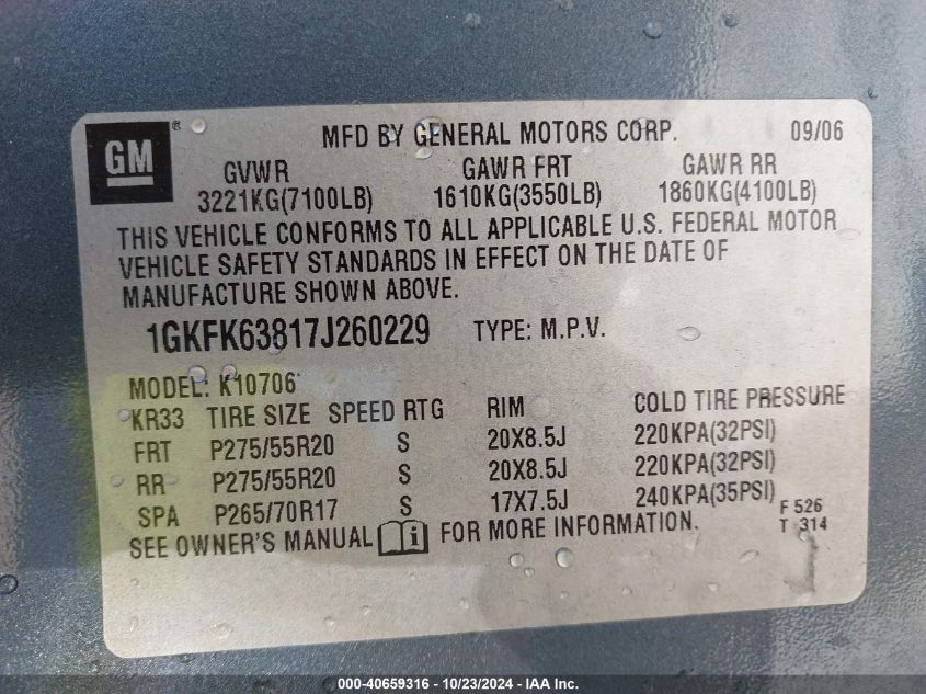 2007 GMC Yukon Denali VIN: 1GKFK63817J260229 Lot: 40659316