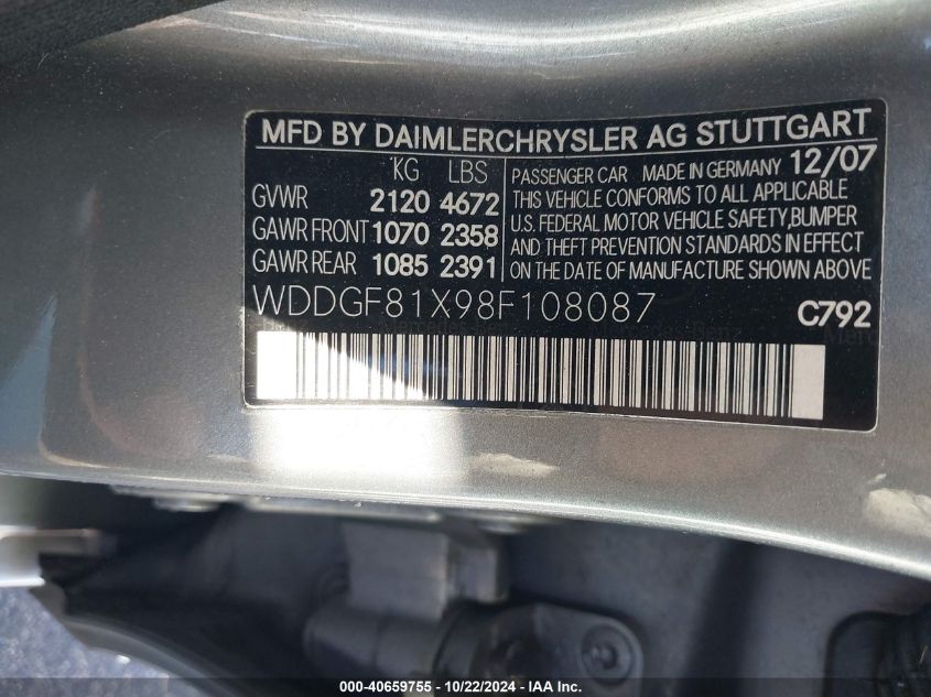 2008 Mercedes-Benz C 300 Luxury 4Matic/Sport 4Matic VIN: WDDGF81X98F108087 Lot: 40659755