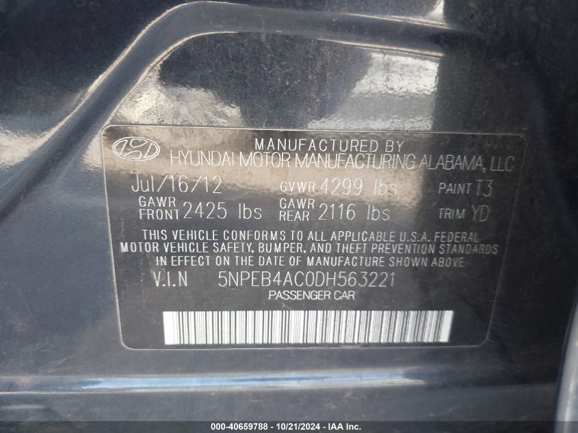 2013 Hyundai Sonata Gls VIN: 5NPEB4AC0DH563221 Lot: 40659788