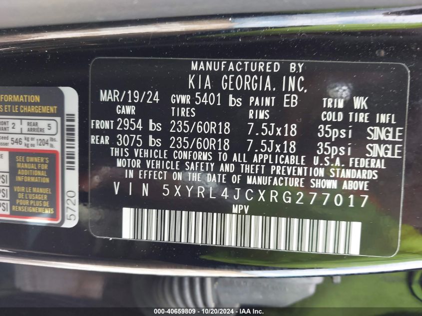 VIN 5XYRL4JCXRG277017 2024 KIA Sorento, S no.9