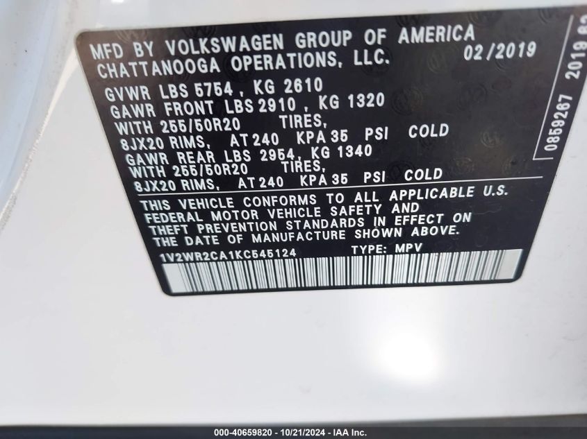 2019 Volkswagen Atlas 3.6L V6 Se W/Technology VIN: 1V2WR2CA1KC545124 Lot: 40659820