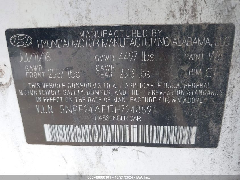 2018 HYUNDAI SONATA VIN: 5NPE24AF1JH724889