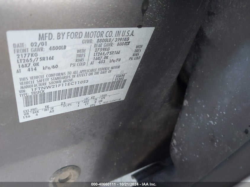2001 Ford F-250 Lariat/Xl/Xlt VIN: 1FTNW21F11EC11053 Lot: 40660111