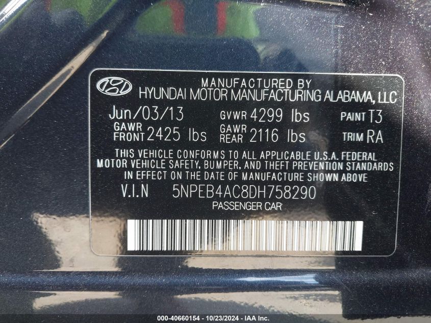 2013 Hyundai Sonata Gls VIN: 5NPEB4AC8DH758290 Lot: 40660154