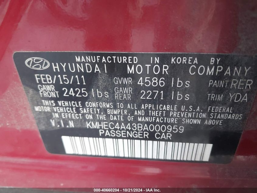 2011 Hyundai Sonata Hybrid Hybrid VIN: KMHEC4A43BA000959 Lot: 40660204