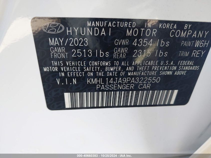 2023 Hyundai Sonata Sel VIN: KMHL14JA9PA322550 Lot: 40660383