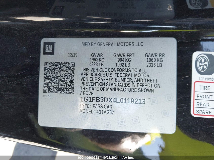 2020 CHEVROLET CAMARO VIN: 1G1FB3DX4L0119213