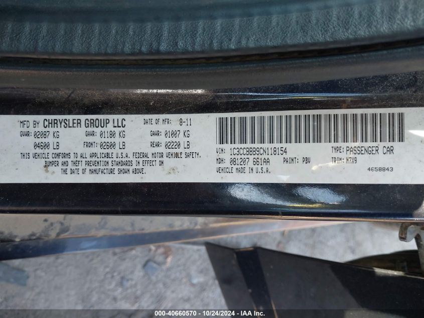 2012 Chrysler 200 Touring VIN: 1C3CCBBB9CN118154 Lot: 40660570