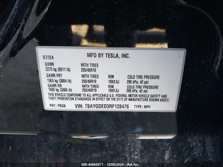 2024 Tesla Model Y Long Range Dual Motor All-Wheel Drive/Rwd VIN: 7SAYGDED3RF128476 Lot: 40660571