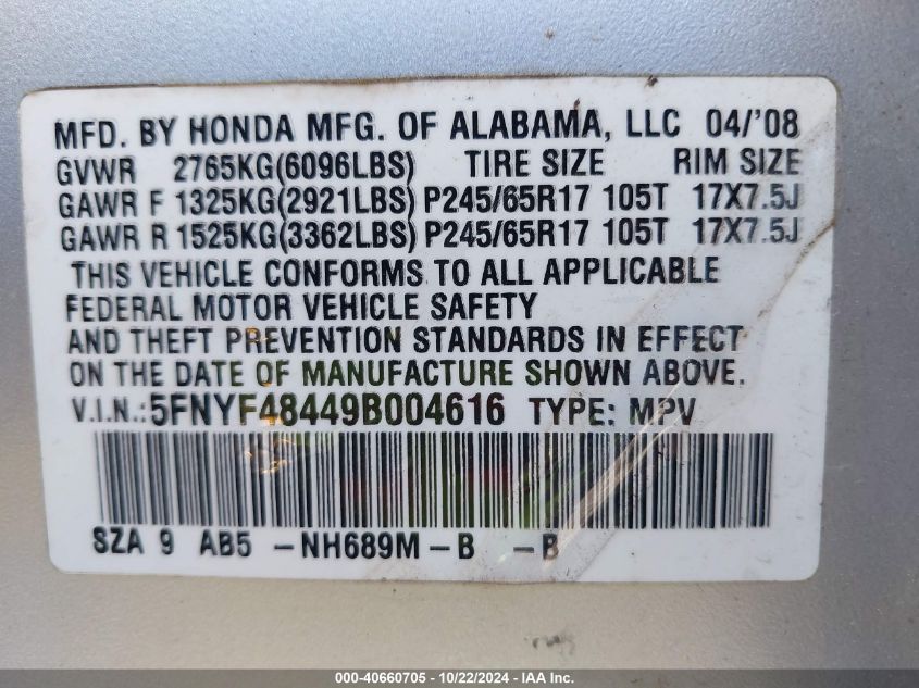 2009 Honda Pilot Ex VIN: 5FNYF48449B004616 Lot: 40660705