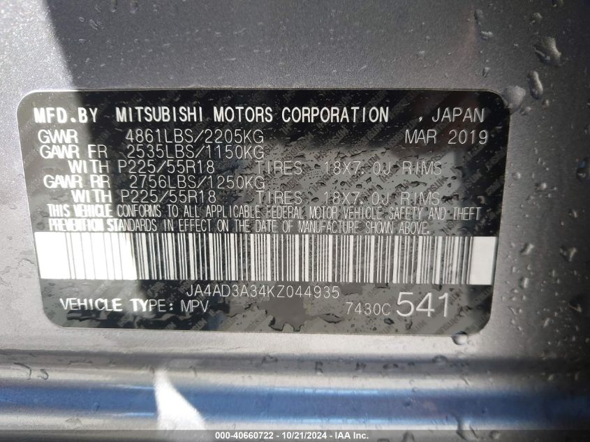 2019 Mitsubishi Outlander Se VIN: JA4AD3A34KZ044935 Lot: 40660722