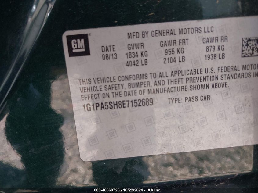2014 Chevrolet Cruze Ls Auto VIN: 1G1PA5SH8E7152689 Lot: 40660726