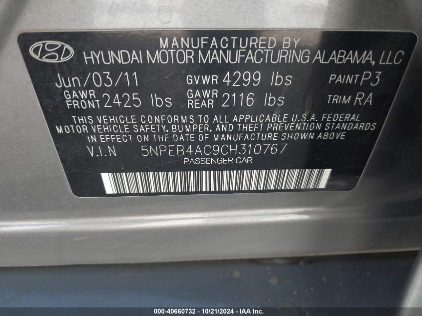 2012 Hyundai Sonata Gls VIN: 5NPEB4AC9CH310767 Lot: 40660732