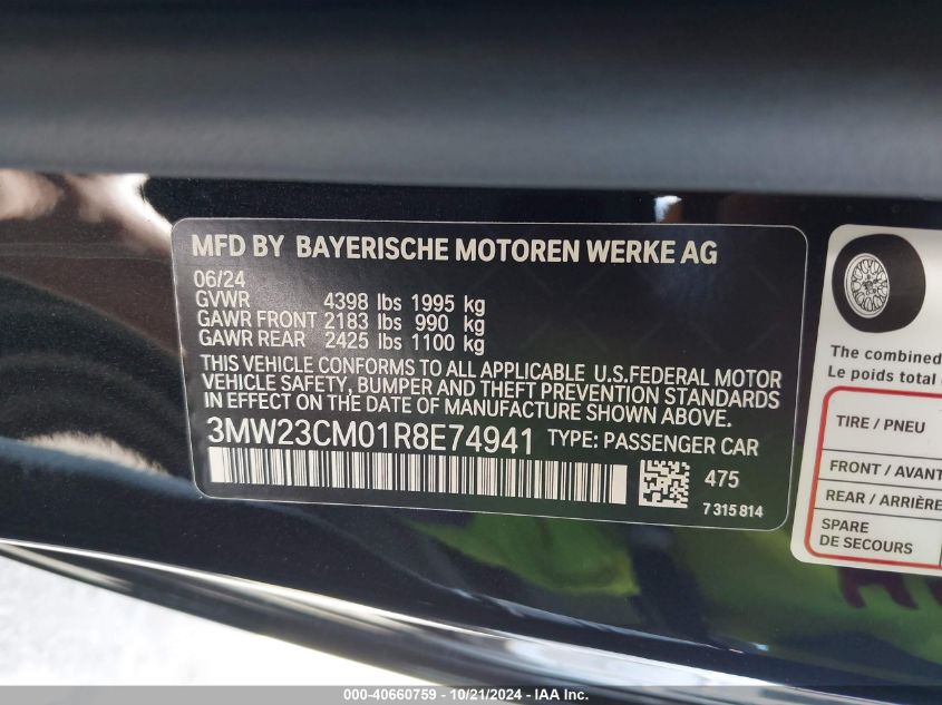 2024 BMW 230I VIN: 3MW23CM01R8E74941 Lot: 40660759