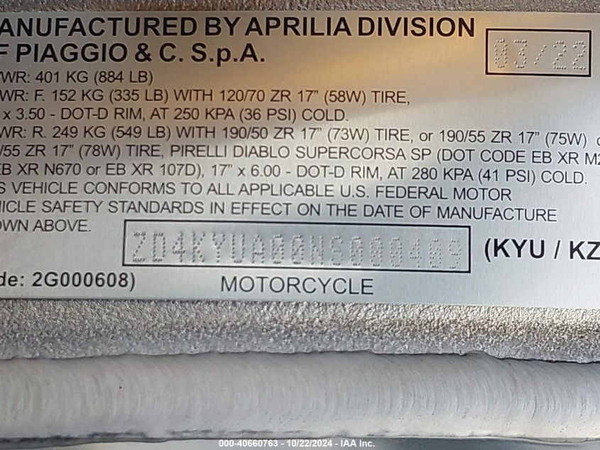 2022 Aprilia Rsv4 1100 VIN: ZD4KYUA00NS000409 Lot: 40660763