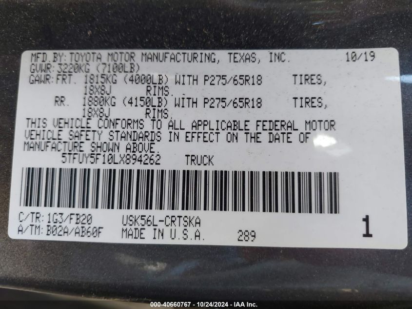 2020 Toyota Tundra Double Cab Sr/Double Cab Sr5/Double Cab Trd Pro VIN: 5TFUY5F10LX894262 Lot: 40660767