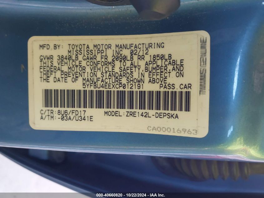 2012 Toyota Corolla S VIN: 5YFBU4EEXCP012191 Lot: 40660820